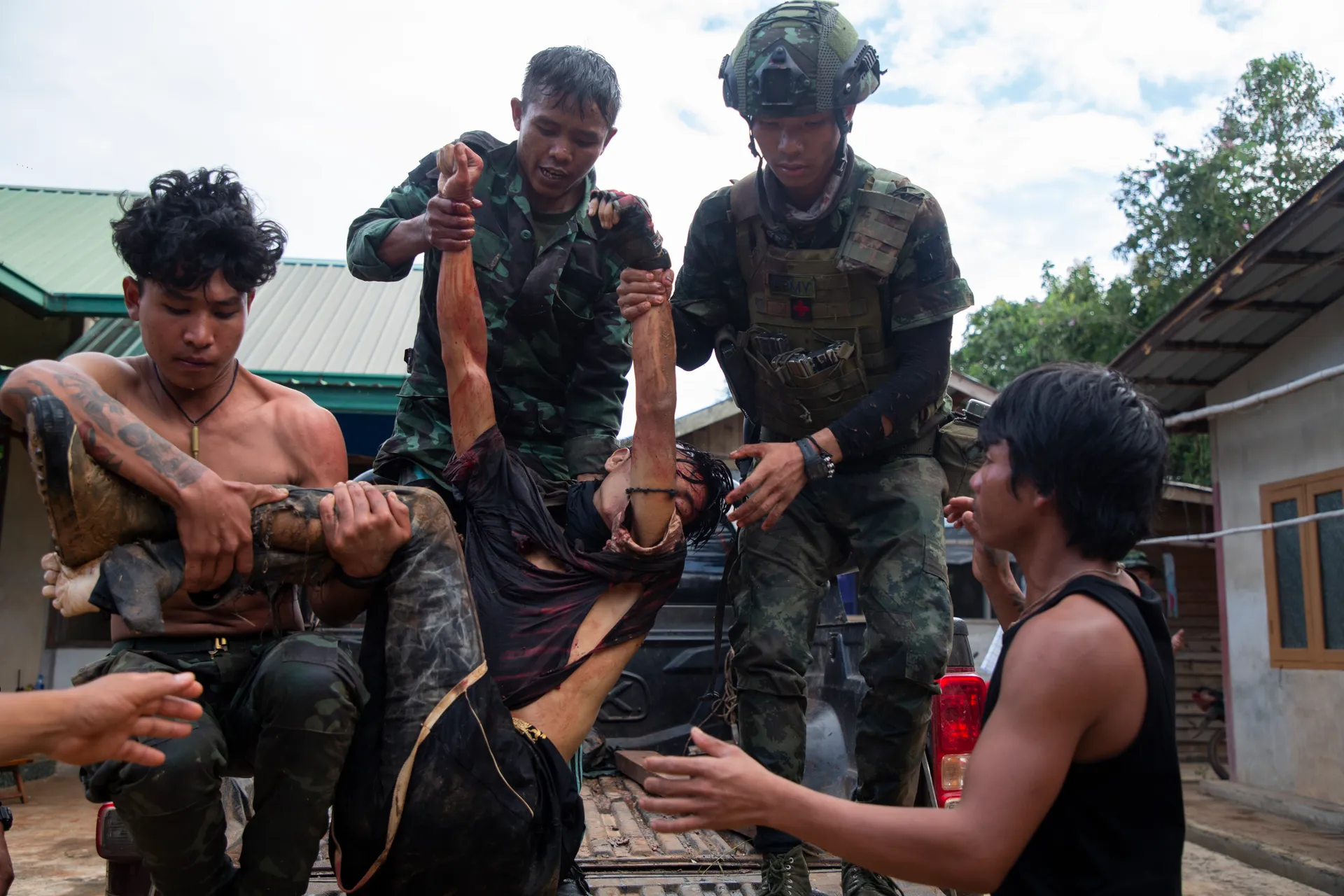 A scene showing the frontline evacuation of a fallen Karenni resistance fighter who lost his life in the Battle of Khauk Phalaut on September 25, 2022, in the western part of Demoso, Karenni State.