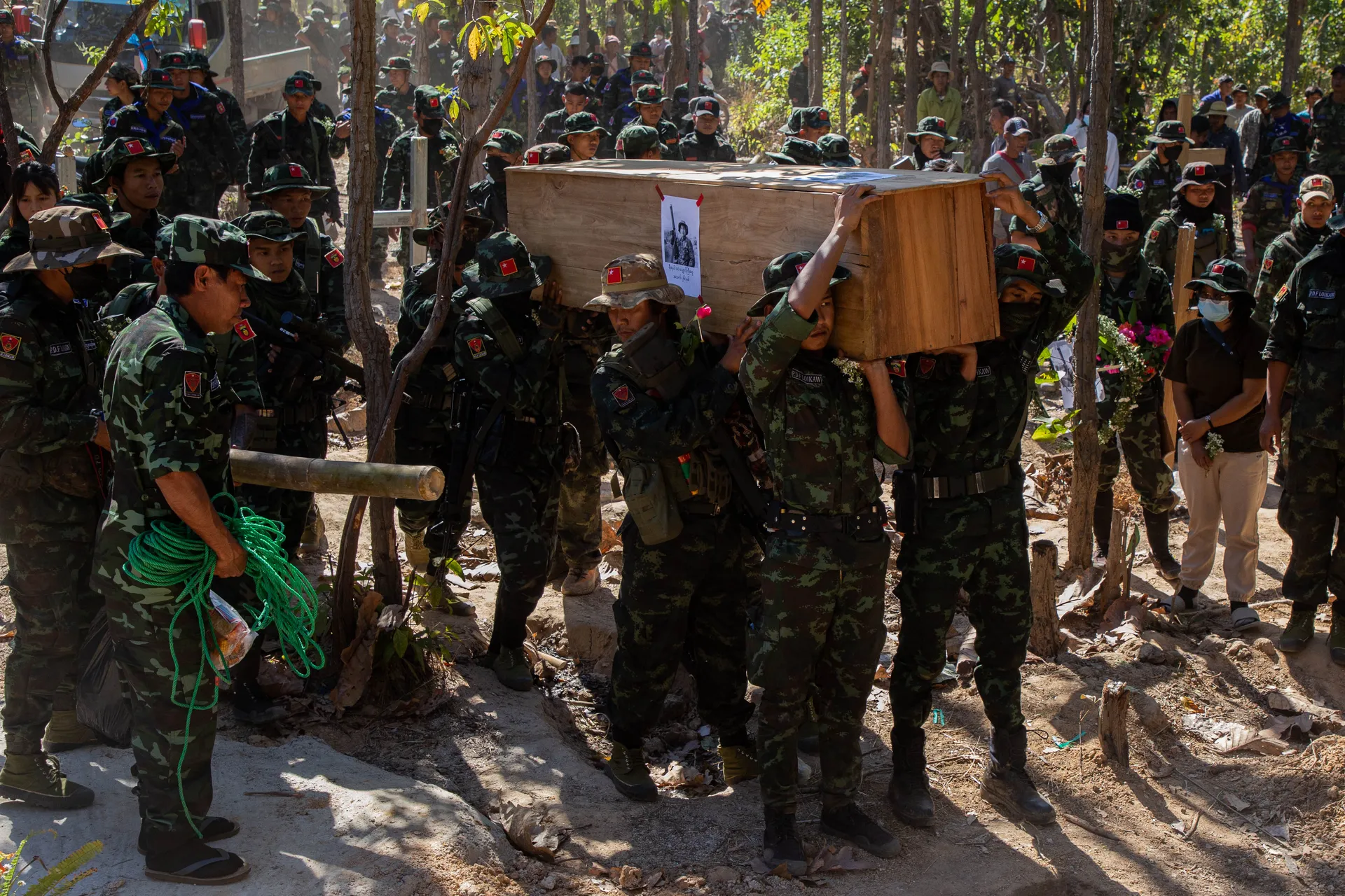 A scene from the funeral of PDF Loikaw member Comrade Shaung Kyi Bwe (also known as Ree Re), who fell in battle during the Mine Lone clash in Loikaw Township, Karenni State. The funeral ceremony was held on January 9, 2022, in the western part of Demoso, Karenni State.