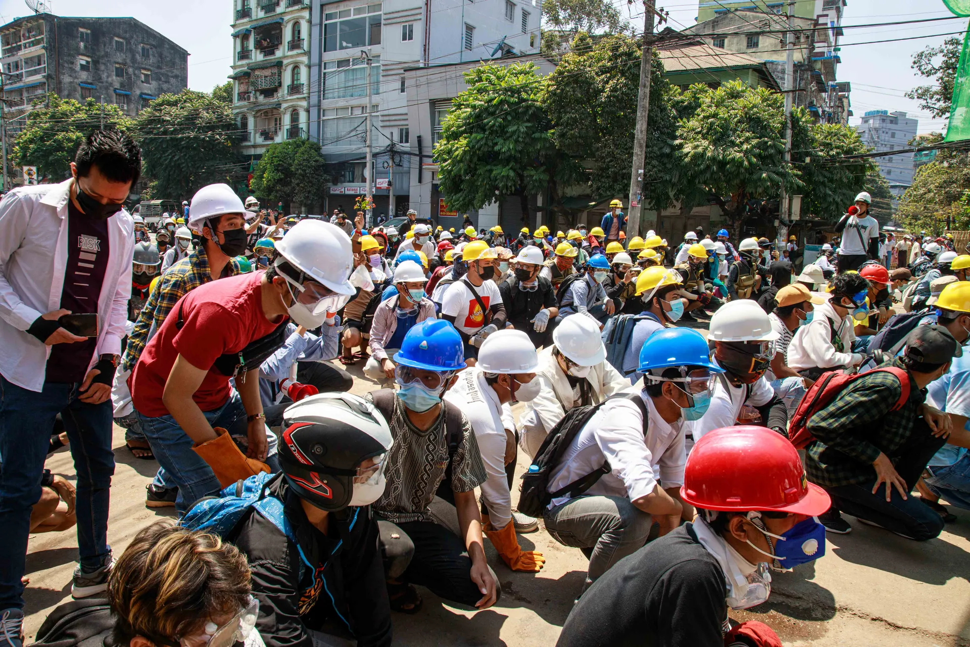 Youths gather near a police station to protest anti-coup. Photo - TaMwe