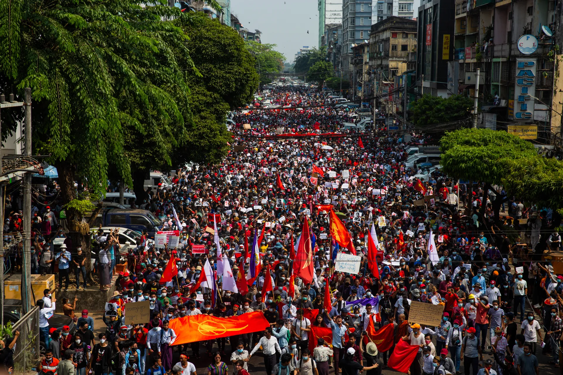 People rally in a protest against the military coup and to demand the release of elected leader Aung San Suu Kyi , in Yangon ,Myanmar,February 7,2021.Photo MarNaw